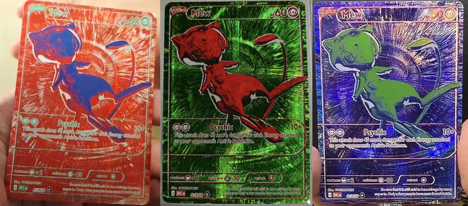 Mew RGB : les trois cartes 30C de YOSHIROTTEN ont fuité (R/RGB, G/RGB, B/RGB)