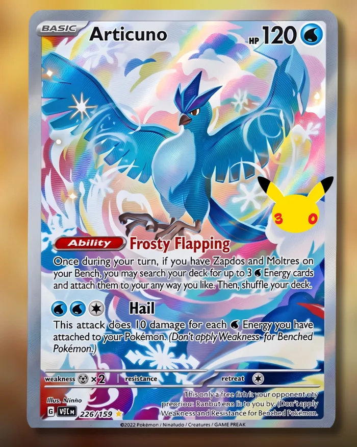 Carte Artikodin 120 PV type Eau en haute résolution, talent Frosty Flapping, attaque Hail, set 30e Anniversaire