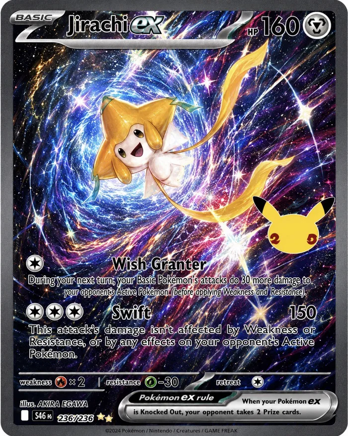 Carte Jirachi-ex 160 PV type Métal, extension 30e Anniversaire Pokémon, illustration Akira Egawa