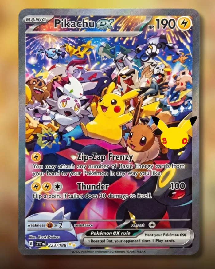 Carte Pikachu ex 190 PV en haute résolution, attaques Zip-Zap Frenzy et Thunder, set 30e Anniversaire Pokémon