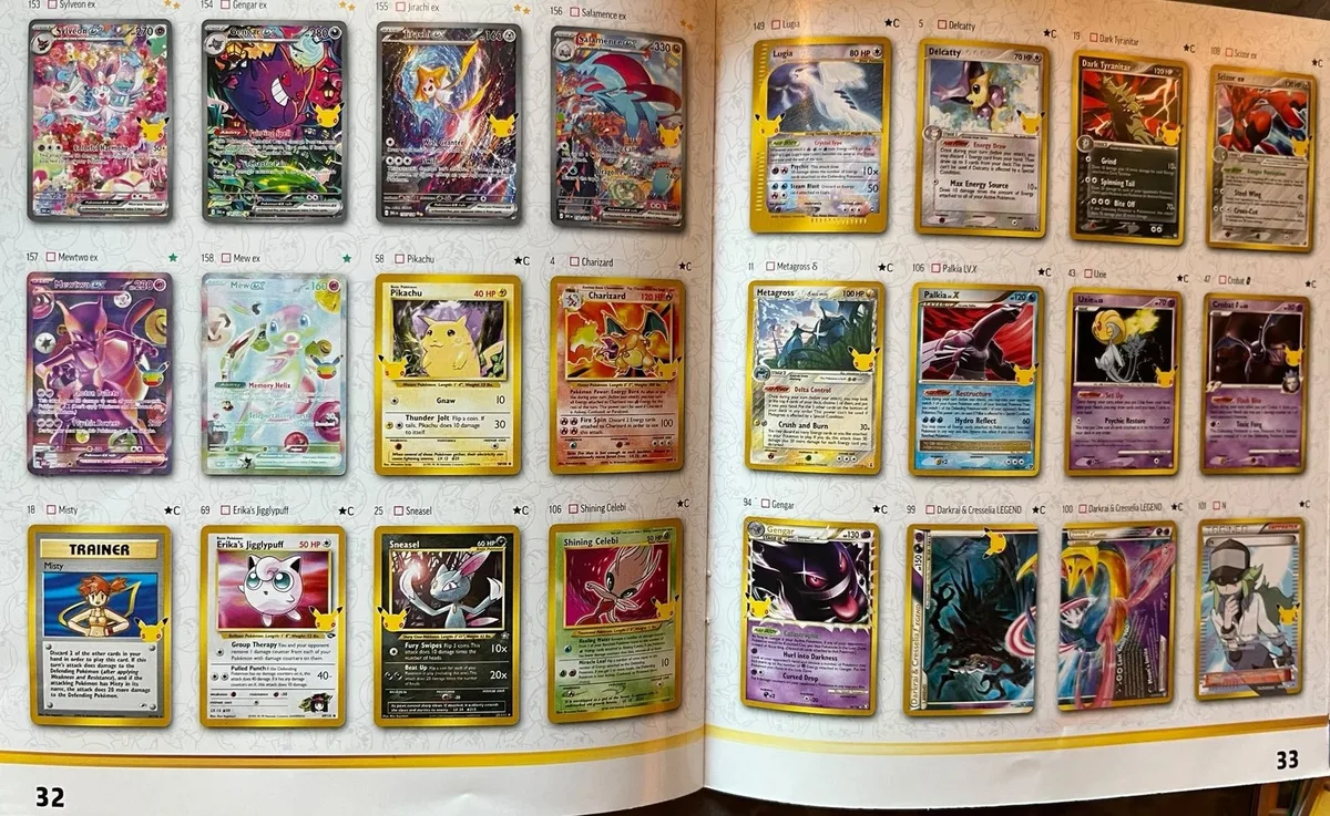 Pages 32 et 33 du livret 30e Anniversaire : cartes 153 à 158 et section Collection Classique avec Dracaufeu et Pikachu du Set de Base