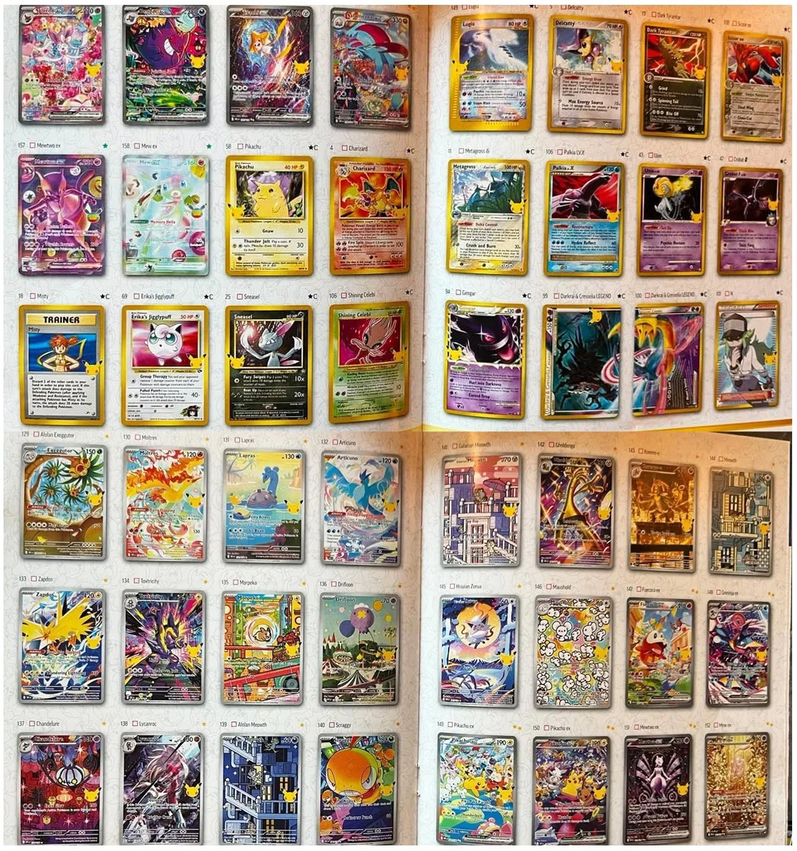 Récapitulatif du leak des cartes 30e Anniversaire Pokémon : les illustrations rares 129 à 158 (Noadkoko d'Alola, Sulfura, Lokhlass, Artikodin, Électhor, Salarsen, Morpeko, Baudrive, Lugulabre, Lougaroc, Miaouss d'Alola, Baggaïd, Miaouss de Galar, Gromago, Ékaïser, Miaouss, Zorua de Hisui, Famignol, Chochodile-ex, Amphinobi-ex, Pikachu ex, Mewtwo ex, Mew ex, Nymphali-ex, Ectoplasma-ex, Jirachi-ex, Drattak-ex) et la Collection Classique (Dracaufeu et Pikachu du Set de Base, Ondine, Rondoudou d'Erika, Farfuret, Celebi brillant, Lugia, Delcatty, Tyranocif obscur, Cizayox ex, Metalosse δ, Palkia NIV.X, Créhelf, Nostenfer, Ectoplasma, Darkrai & Cresselia LEGEND, N)