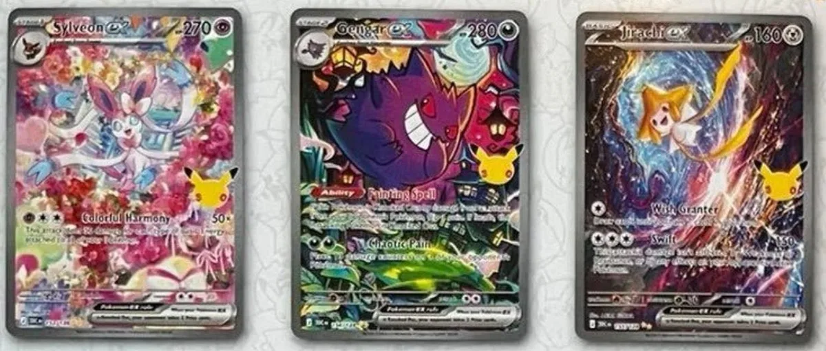 Cartes Nymphali-ex 270 PV, Ectoplasma-ex 280 PV et Jirachi-ex 160 PV du set 30e Anniversaire Pokémon