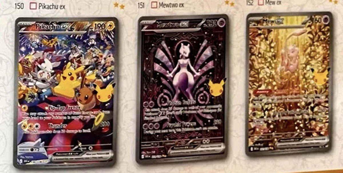 Cartes Pikachu ex 190 PV, Mewtwo ex 230 PV et Mew ex 160 PV, numéros 150 151 152 du set 30e Anniversaire