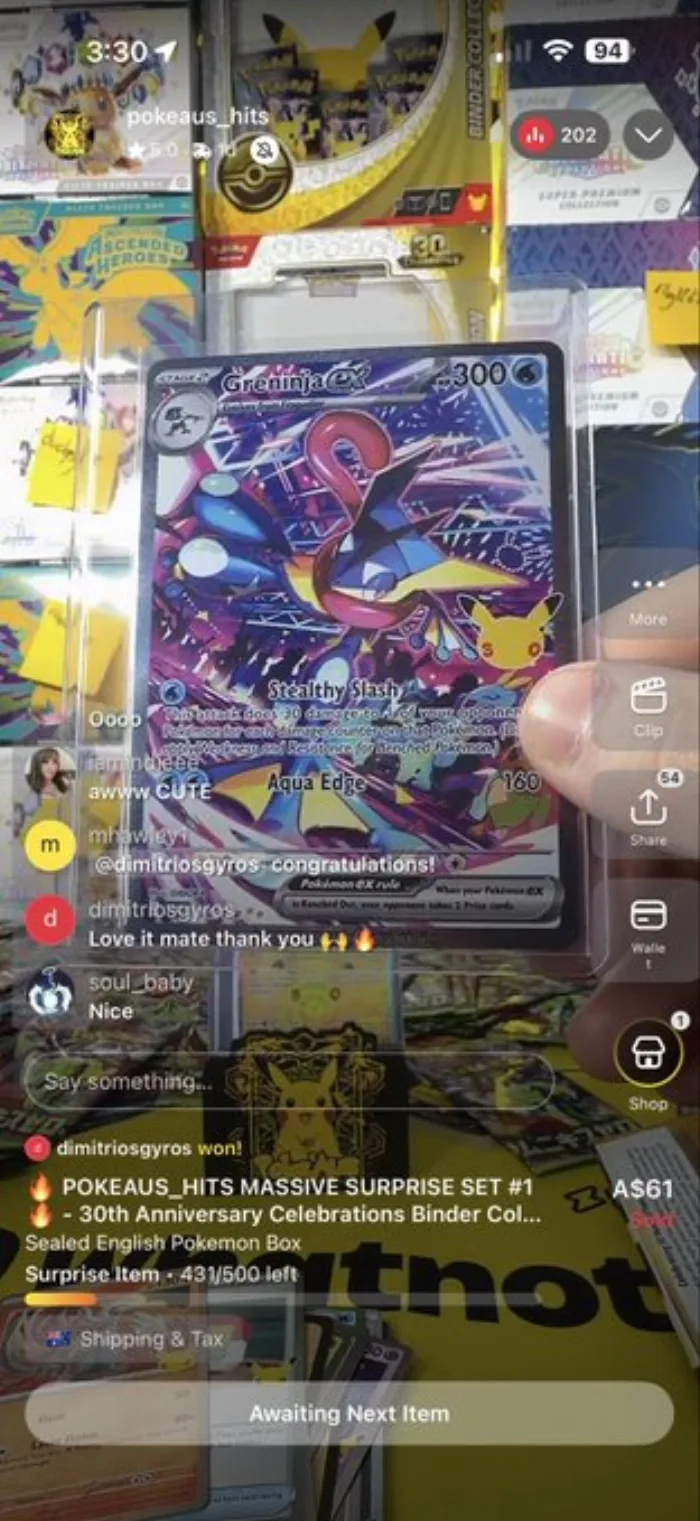 Amphinobi-ex 300 PV numéro 021 ouvert en direct sur Whatnot, attaques Stealthy Slash et Aqua Edge 160, extension 30e Anniversaire Pokémon