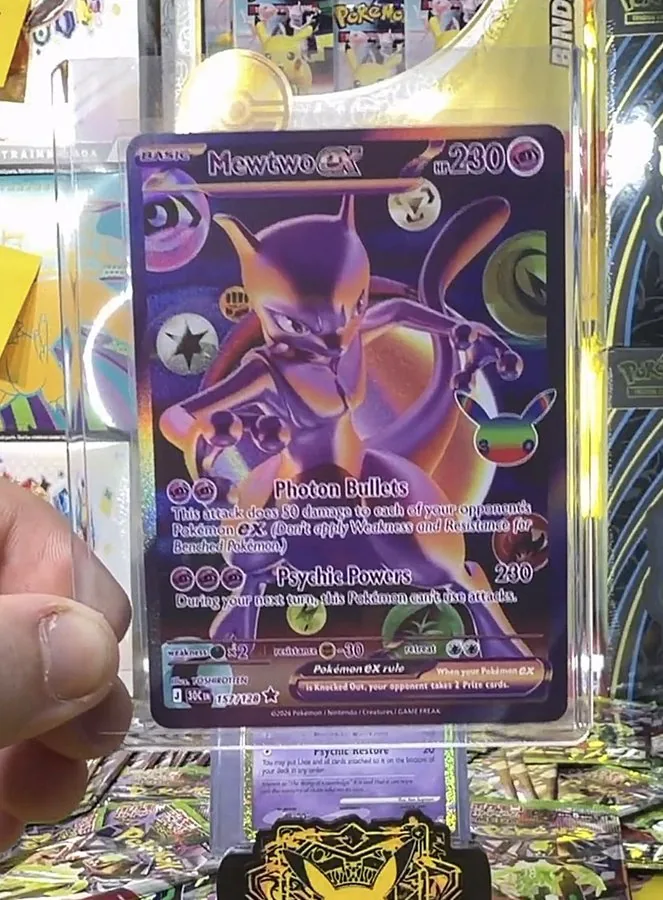Carte Mewtwo ex 157/128 du set 30K signée YOSHIROTTEN, 230 PV type Psy, attaques Photon Bullets et Psychic Powers 230, extension 30e Anniversaire Pokémon
