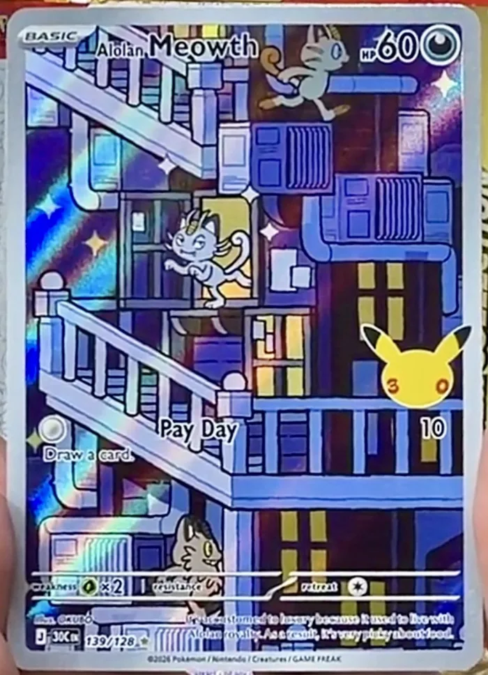 Carte Miaouss d'Alola 139/128 du set 30K, 60 PV type Obscurité, attaque Pay Day 10, illustration OKUBO cage d'escalier nocturne