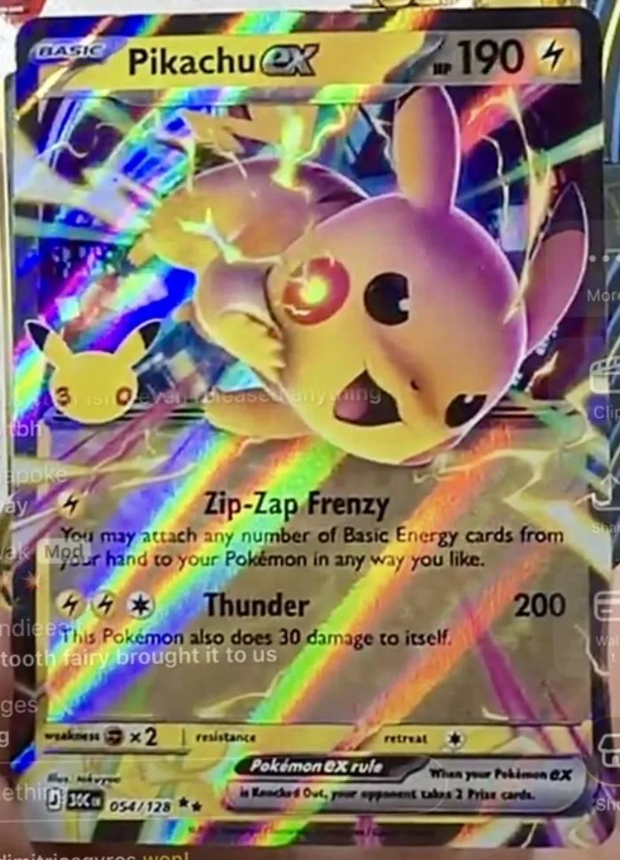 Carte Pikachu ex 054/128 du set 30K en foil arc-en-ciel, 190 PV, attaques Zip-Zap Frenzy et Thunder 200, extension 30e Anniversaire Pokémon