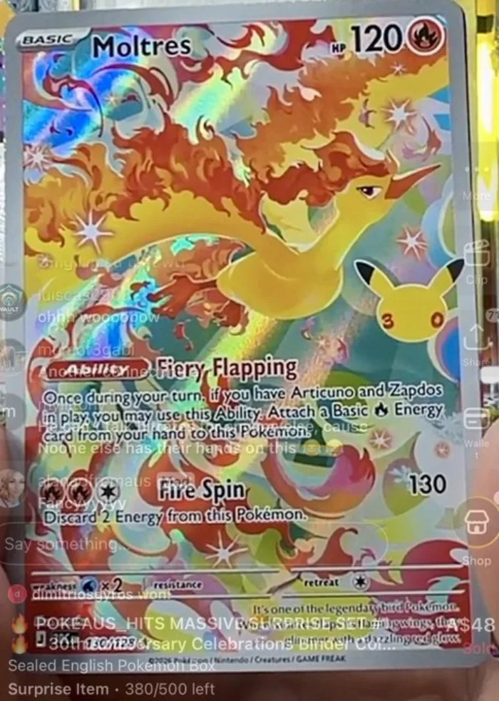 Carte Sulfura 130/128 du set 30K, 120 PV type Feu, talent Fiery Flapping et attaque Fire Spin 130, extension 30e Anniversaire Pokémon