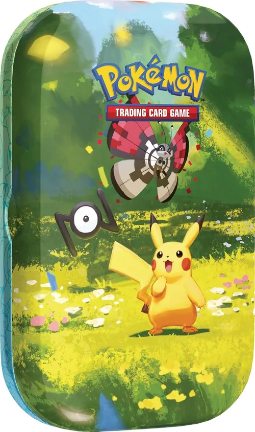 Mini Tin Pikachu Journée du 30e anniversaire du JCC Pokémon : Pikachu posé dans une prairie fleurie, sous une pluie de confettis