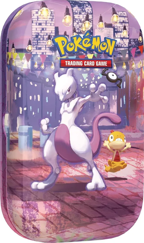 Mini Tin Mewtwo Soirée du 30e anniversaire du JCC Pokémon : Mewtwo dans une rue illuminée de guirlandes