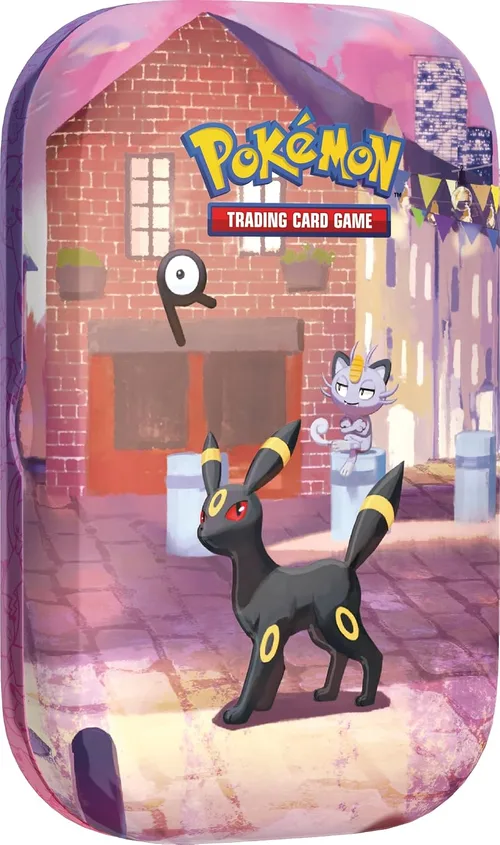 Mini Tin Noctali Soirée du 30e anniversaire du JCC Pokémon : Noctali devant une maison en brique, à la lueur de la fête
