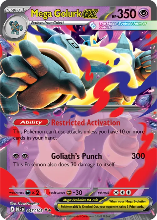 Carte Méga-Golemastoc ex 047/103 Règne Delta DLR, Niveau 1 de 350 PV type Psy, talent Restricted Activation et attaque Goliath's Punch à 300 dégâts, illustration 5ban Graphics