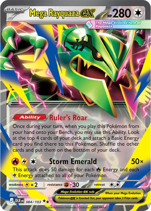 Carte Méga-Rayquaza ex 084/103 Règne Delta DLR, Pokémon de base 280 PV type Incolore, talent Ruler's Roar et attaque Storm Emerald, illustration takuyoa