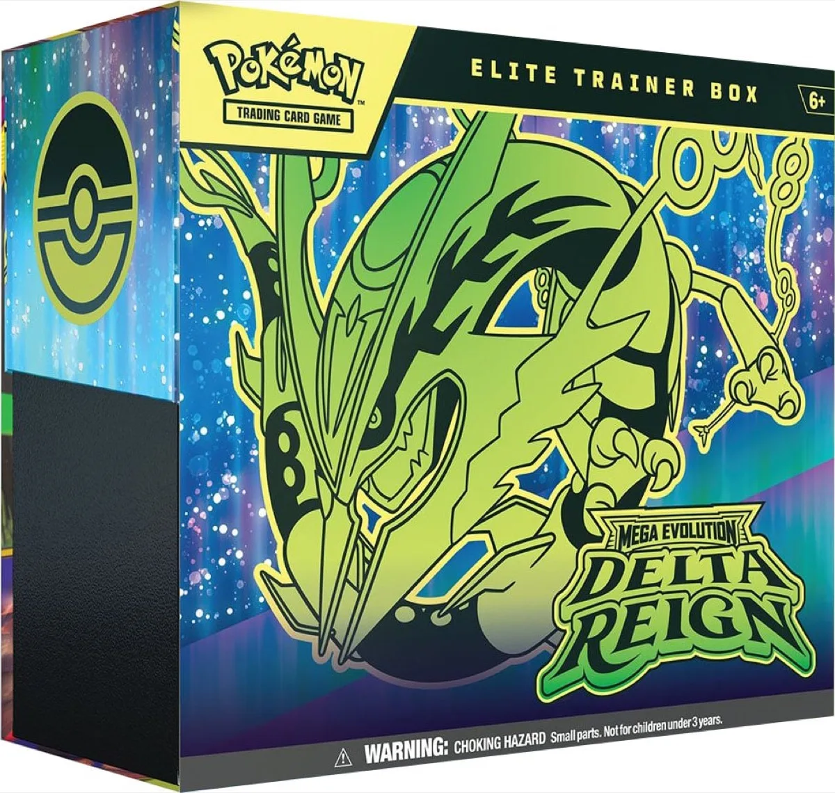 Elite Trainer Box Mega Evolution Delta Reign version anglaise, packaging Mega Rayquaza vert néon, bandeau Elite Trainer Box