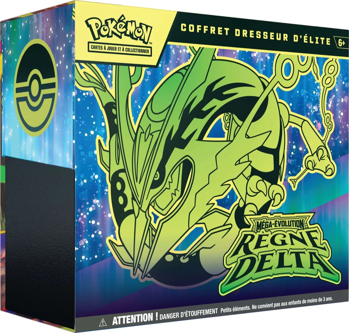 Coffret Dresseur d'Élite Méga-Évolution Règne Delta ME06 version française, packaging officiel avec Méga-Rayquaza vert néon sur fond cosmique bleu et violet, logo Règne Delta