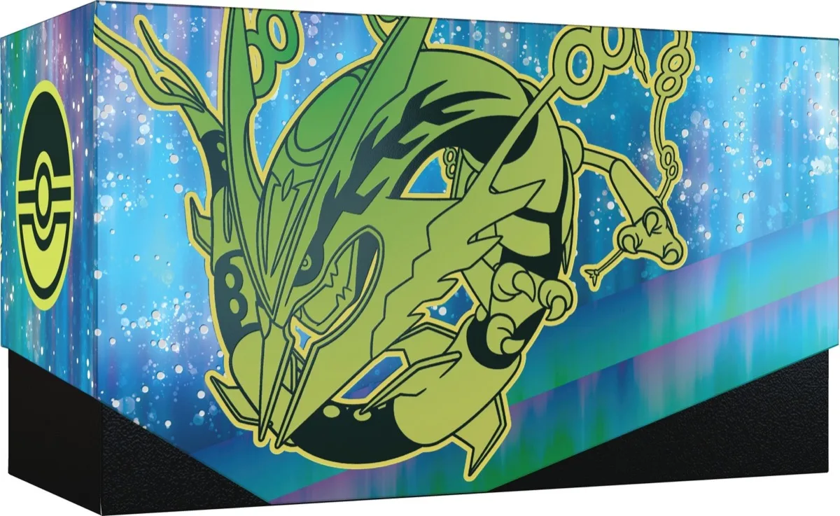 Intérieur du couvercle du Coffret Dresseur d'Élite Règne Delta, illustration panoramique de Méga-Rayquaza