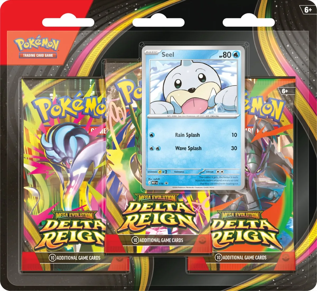 Tripack Méga-Évolution Delta Reign avec trois boosters de 10 cartes et une carte promo Otaria brillante
