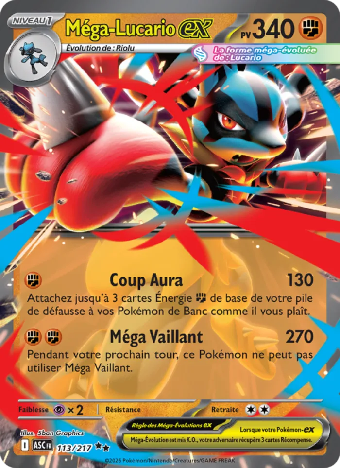 Carte Méga-Lucario-ex 113/217 de Héros Transcendants ME2.5, 340 PV, type Combat, illustrée par 5ban Graphics