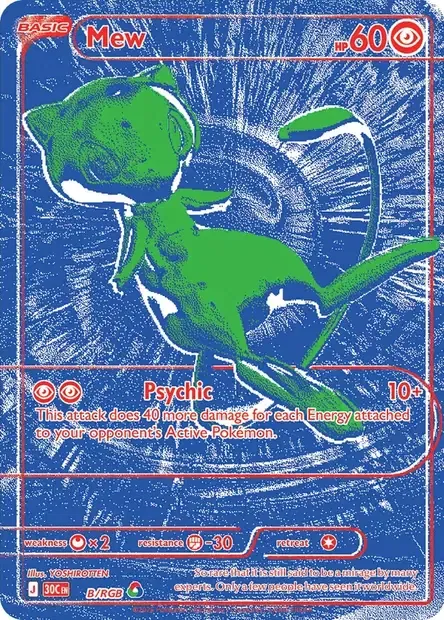 Scan officiel de la carte Mew B/RGB du set 30C : fond bleu, Mew vert, cadre et texte rouges, attaque Psychic 10+ dégâts, illustration YOSHIROTTEN, mention B/RGB