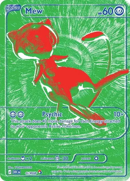 Scan officiel de la carte Mew G/RGB du set 30C : fond vert, Mew rouge, cadre et texte bleus, attaque Psychic 10+ dégâts, illustration YOSHIROTTEN, mention G/RGB et symbole à trois cercles