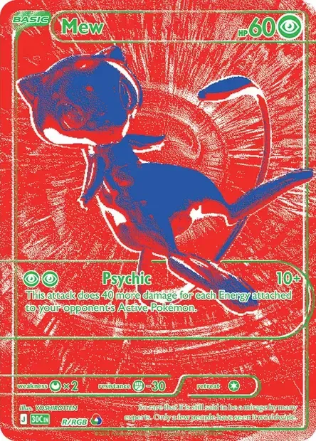 Scan officiel de la carte Mew R/RGB du set 30C : fond rouge, Mew bleu, cadre et texte verts, attaque Psychic 10+ dégâts, illustration YOSHIROTTEN, mention R/RGB