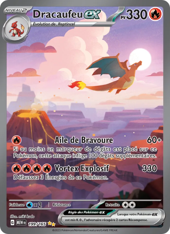 Carte Dracaufeu-ex 199/165 illustration spéciale rare de l'extension Pokémon 151, 330 PV, type Feu, illustrée par miki kudo