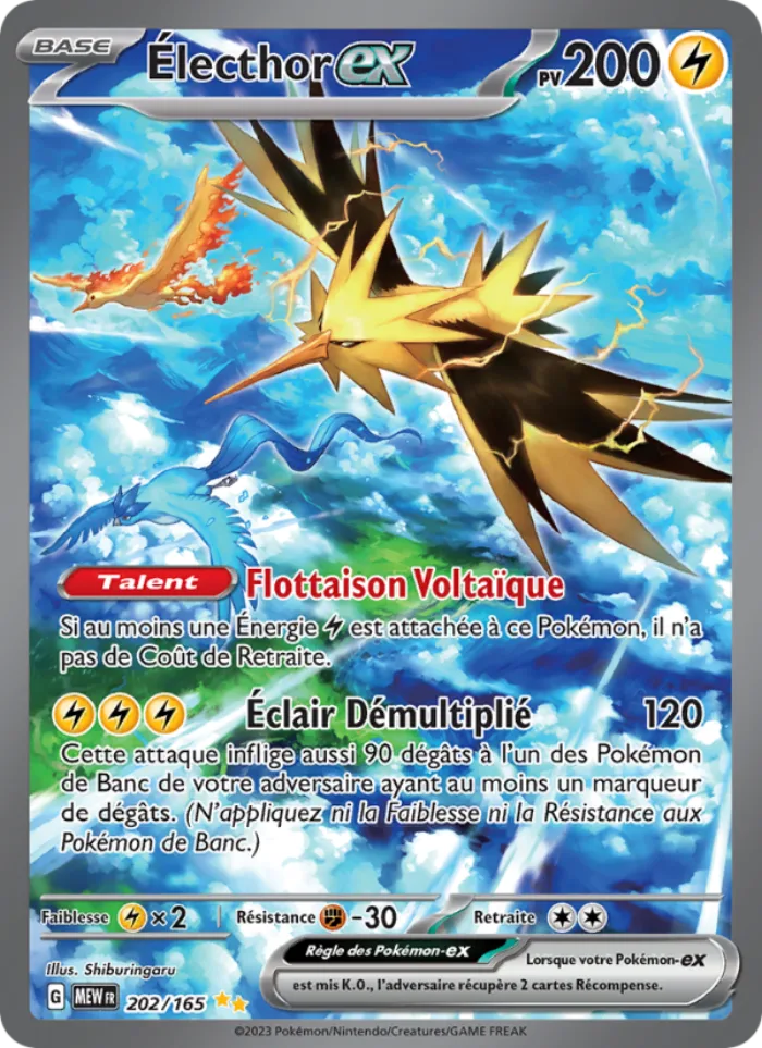 Carte Électhor-ex 202/165 illustration spéciale rare de l'extension Pokémon 151, 200 PV, type Électrique, illustrée par Shiburingaru