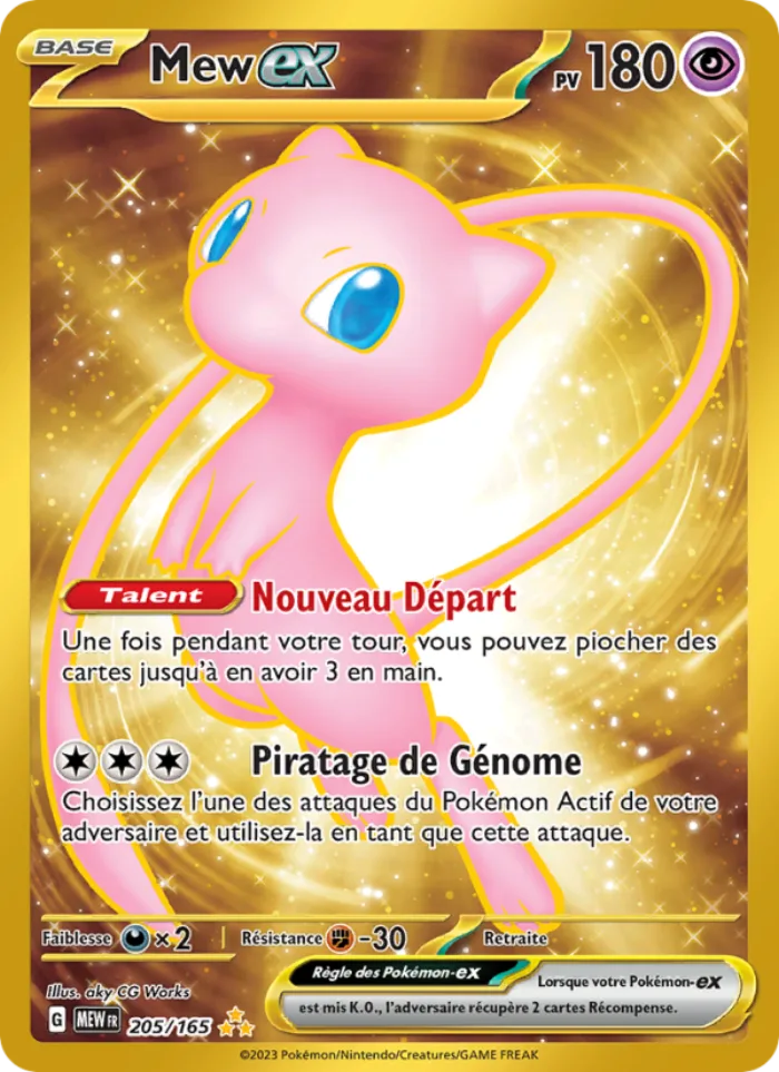 Carte Mew-ex 205/165 hyper rare dorée de l'extension Pokémon 151, 180 PV, type Psy, illustrée par aky CG Works