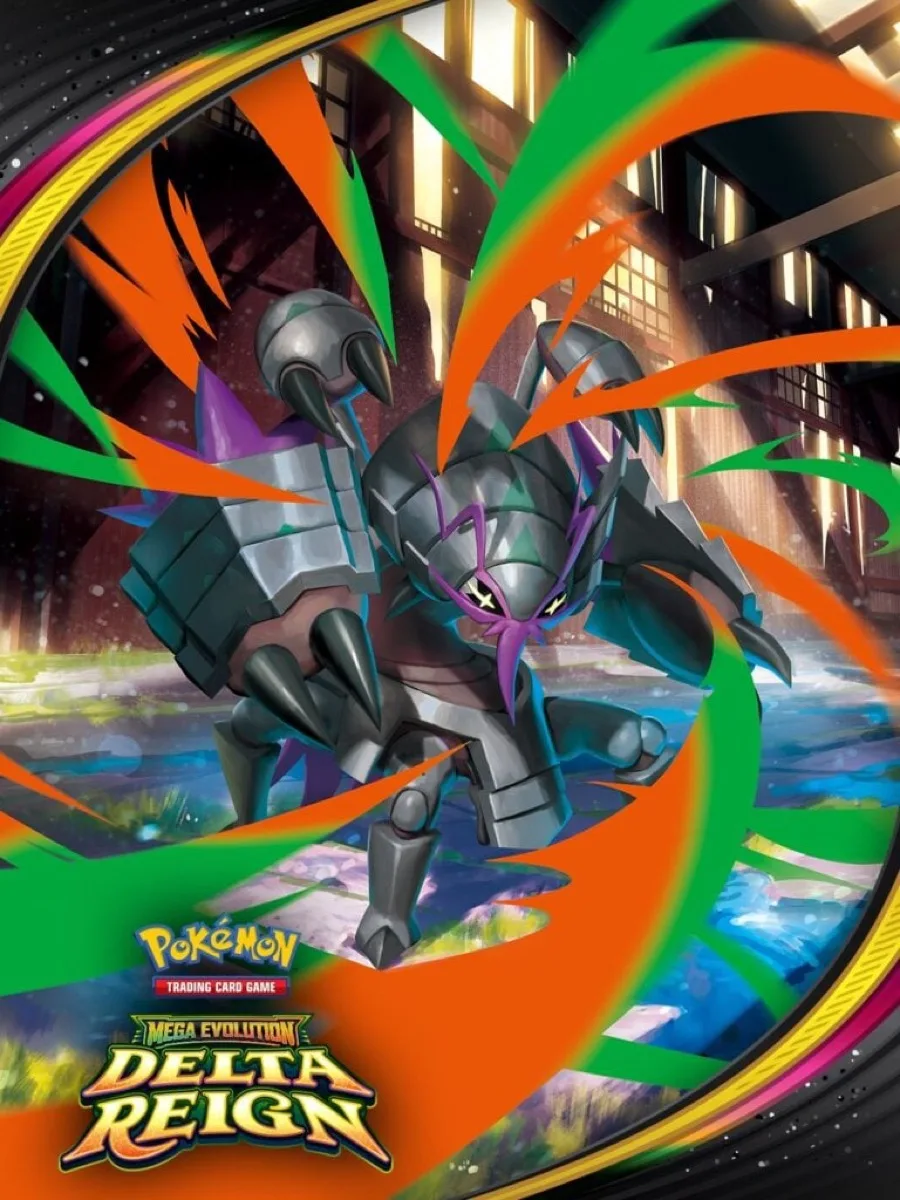 Artwork officiel Méga-Sarmuraï de l'extension Règne Delta, Pokémon insecte argenté sur fond vert et orange