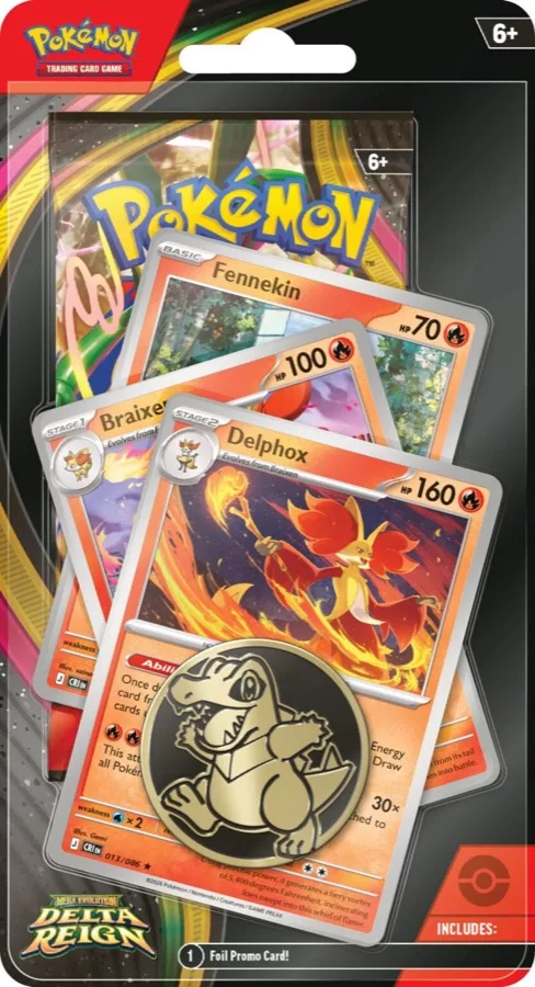 Blister premium checklane Règne Delta avec la ligne Feunnec, Roussil et Goupelin 160 PV, pièce Kaiminus et une carte promo brillante