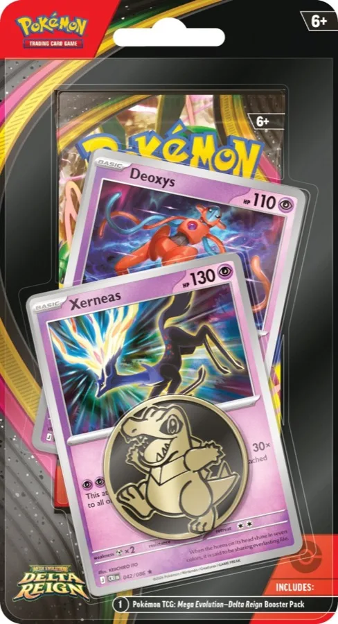 Blister checklane Règne Delta avec Xerneas 130 PV et Deoxys 110 PV, pièce Kaiminus et un booster Delta Reign