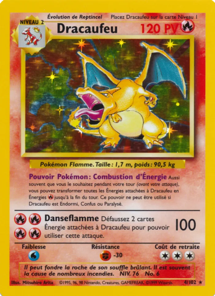 Carte Dracaufeu 4/102 holographique du Set de Base Pokémon, 120 PV, type Feu, illustrée par Mitsuhiro Arita