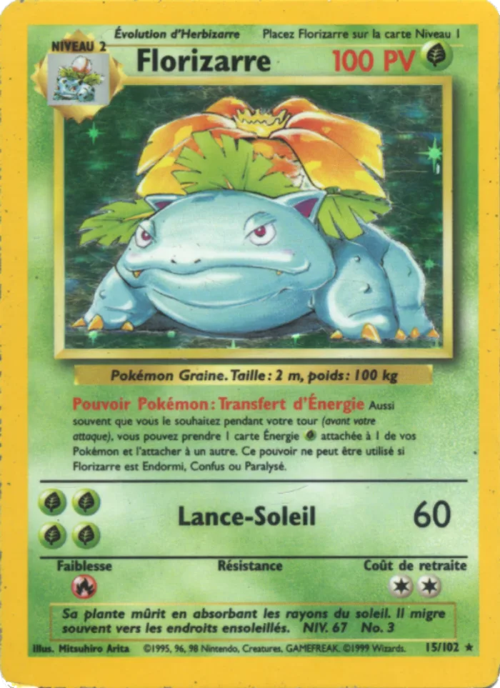 Carte Florizarre 15/102 holographique du Set de Base Pokémon, 100 PV, type Plante, illustrée par Mitsuhiro Arita