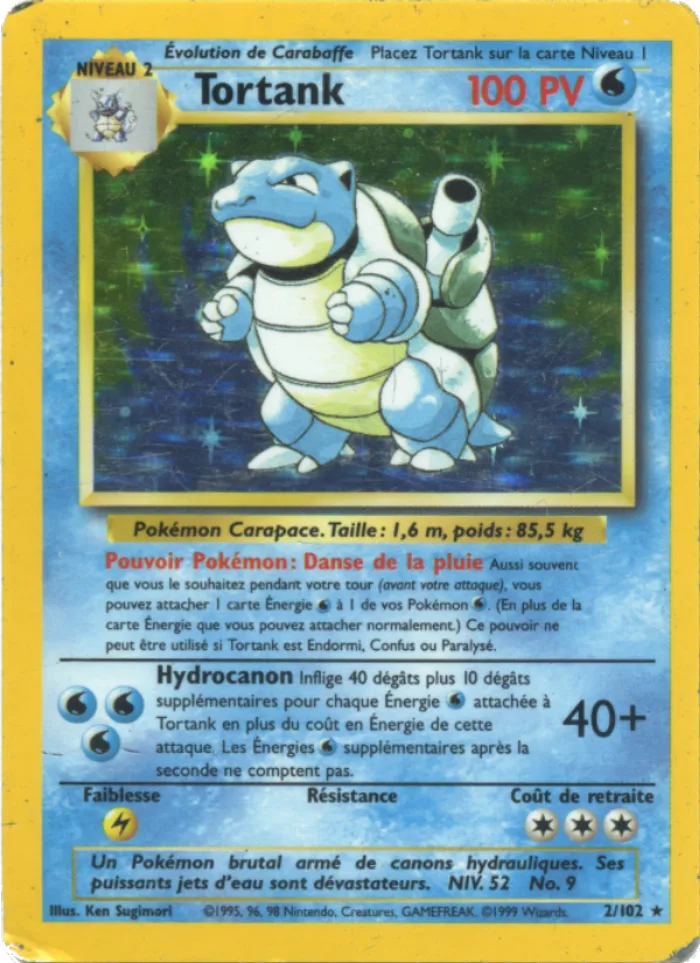 Carte Tortank 2/102 holographique du Set de Base Pokémon, 100 PV, type Eau, illustrée par Ken Sugimori