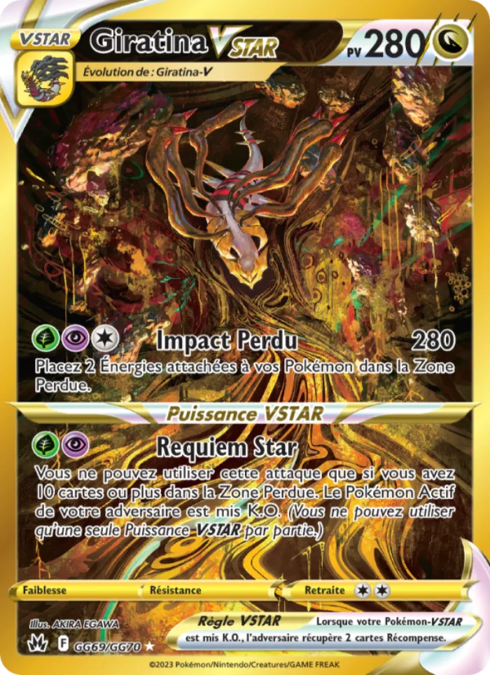 Carte Giratina VSTAR GG69/GG70 alt art doré de la Galerie de Galar, Zénith Suprême, 280 PV, illustrée par AKIRA EGAWA