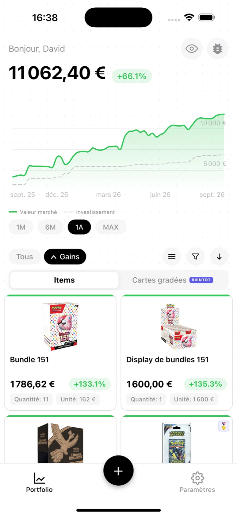 Portfolio BoostaCote avec des bundles et un Display de bundles 151, leur valeur et leur plus-value