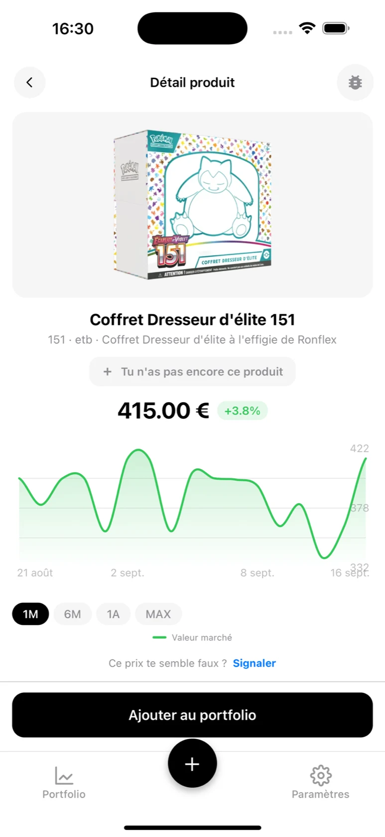 Fiche du Coffret Dresseur d'élite 151 dans BoostaCote avec son prix et sa courbe sur un mois