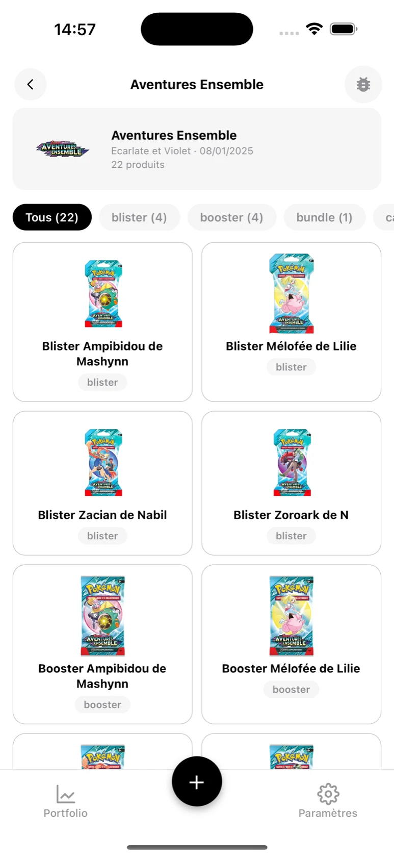 Page de la série Aventures Ensemble dans BoostaCote avec ses produits filtrables par type