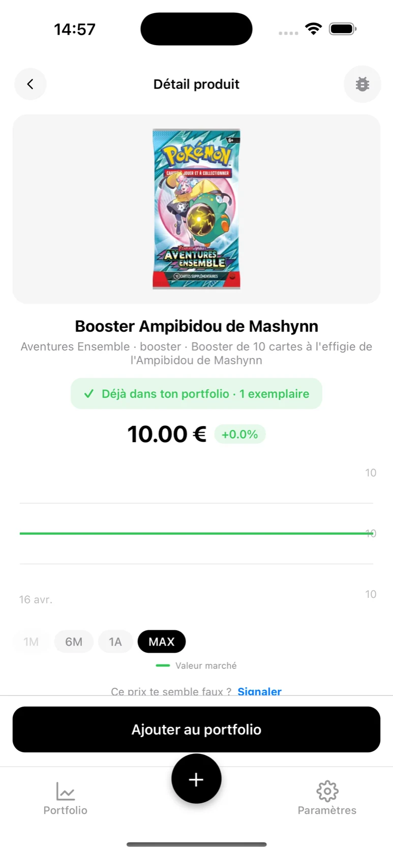 Fiche du Booster Ampibidou de Mashynn dans BoostaCote avec son prix et sa courbe sur tout l'historique