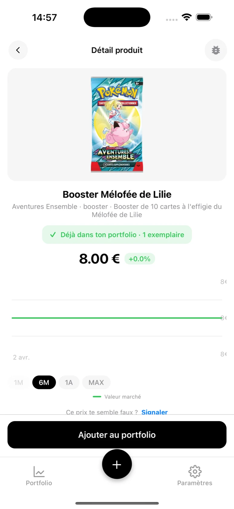 Fiche du Booster Mélofée de Lilie dans BoostaCote avec son prix et sa courbe sur 6 mois