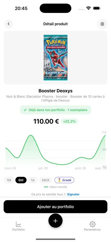 Fiche produit d'un booster BoostaCote avec le prix et la courbe d'évolution