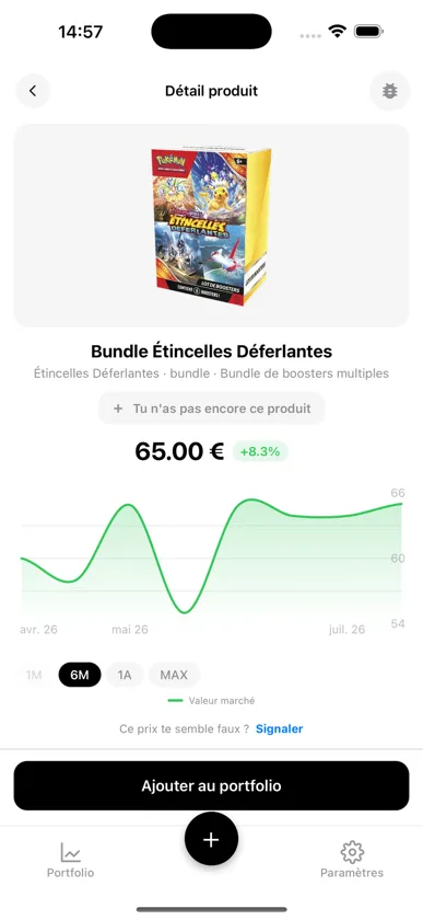 Fiche produit d'un bundle BoostaCote avec le prix et la courbe d'évolution