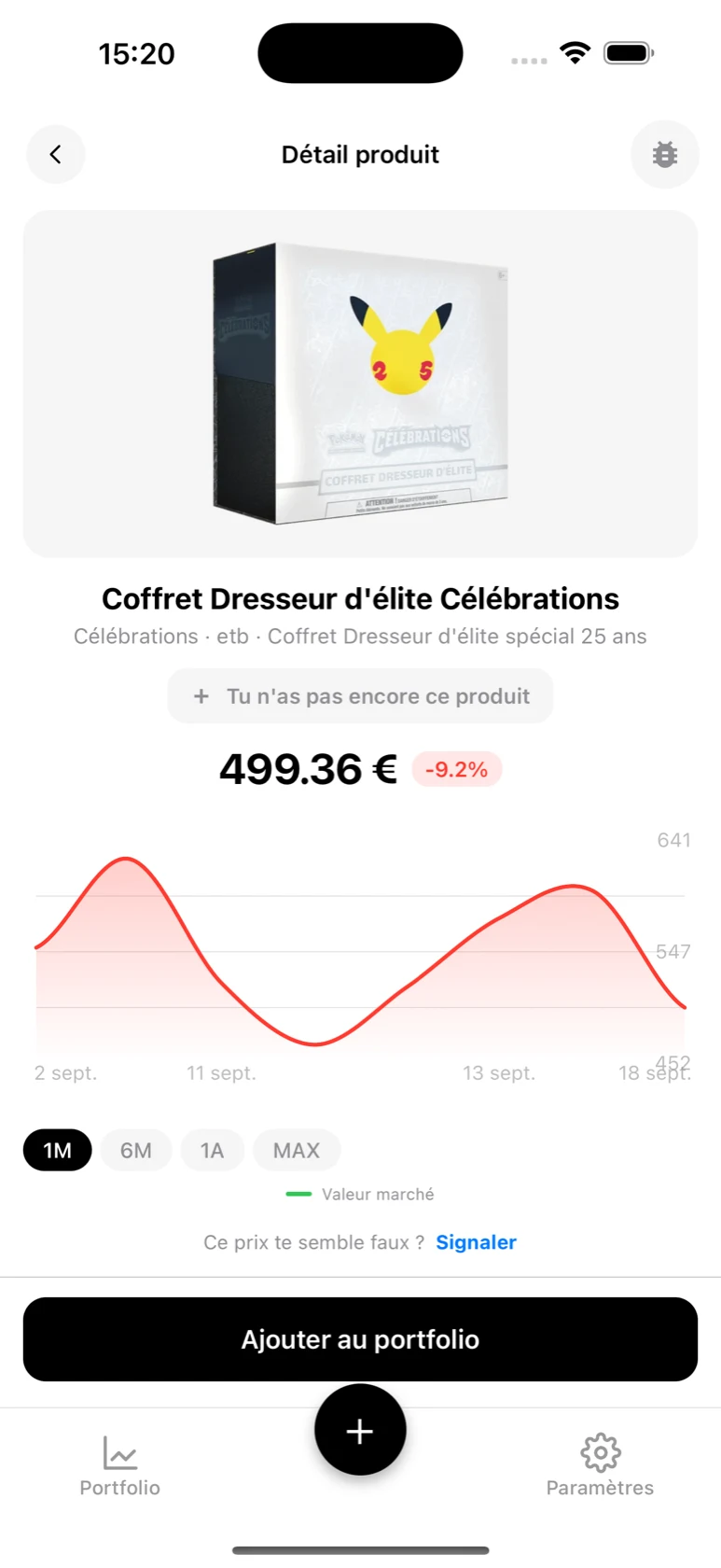 Fiche du Coffret Dresseur d'élite Célébrations dans BoostaCote avec sa courbe en baisse sur 1 mois