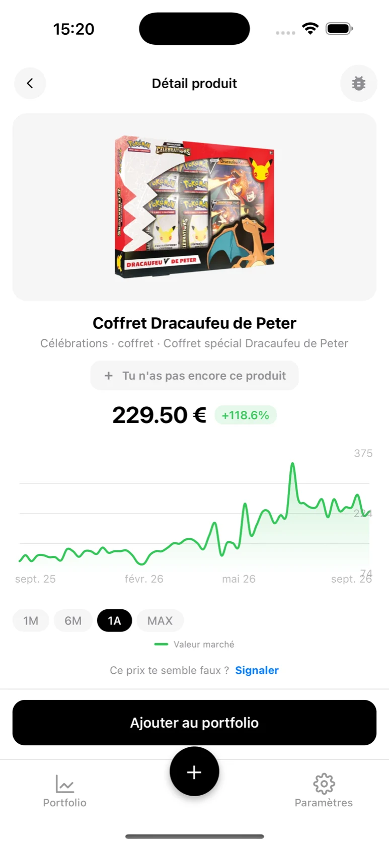 Fiche du Coffret Dracaufeu de Peter dans BoostaCote avec sa courbe en hausse sur 1 an