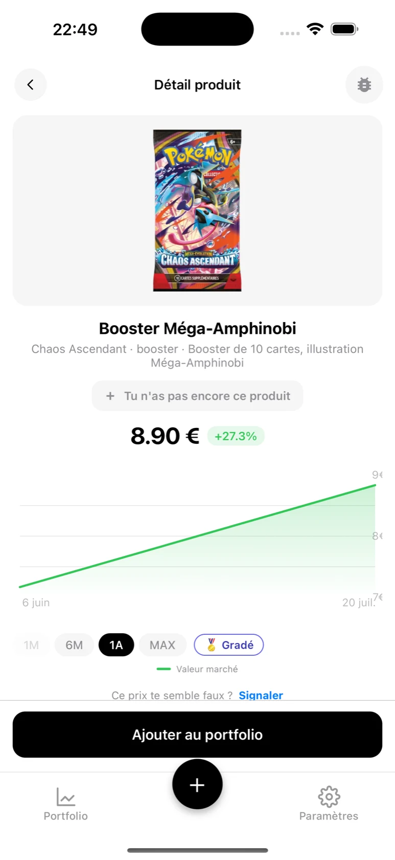 Fiche du Booster Méga-Amphinobi dans BoostaCote avec son prix et sa courbe sur 1 an, en hausse