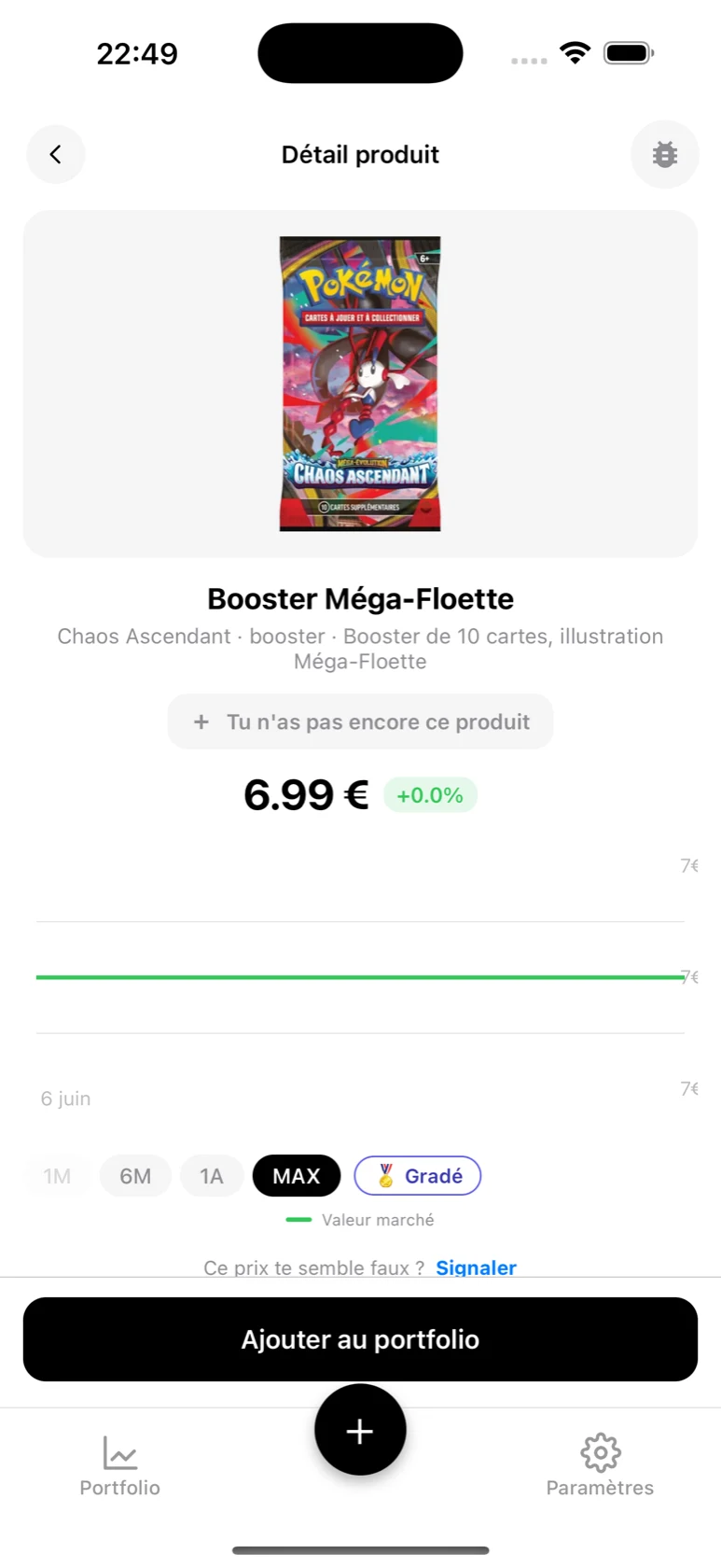 Fiche du Booster Méga-Floette dans BoostaCote avec l'historique complet des ventes, en hausse