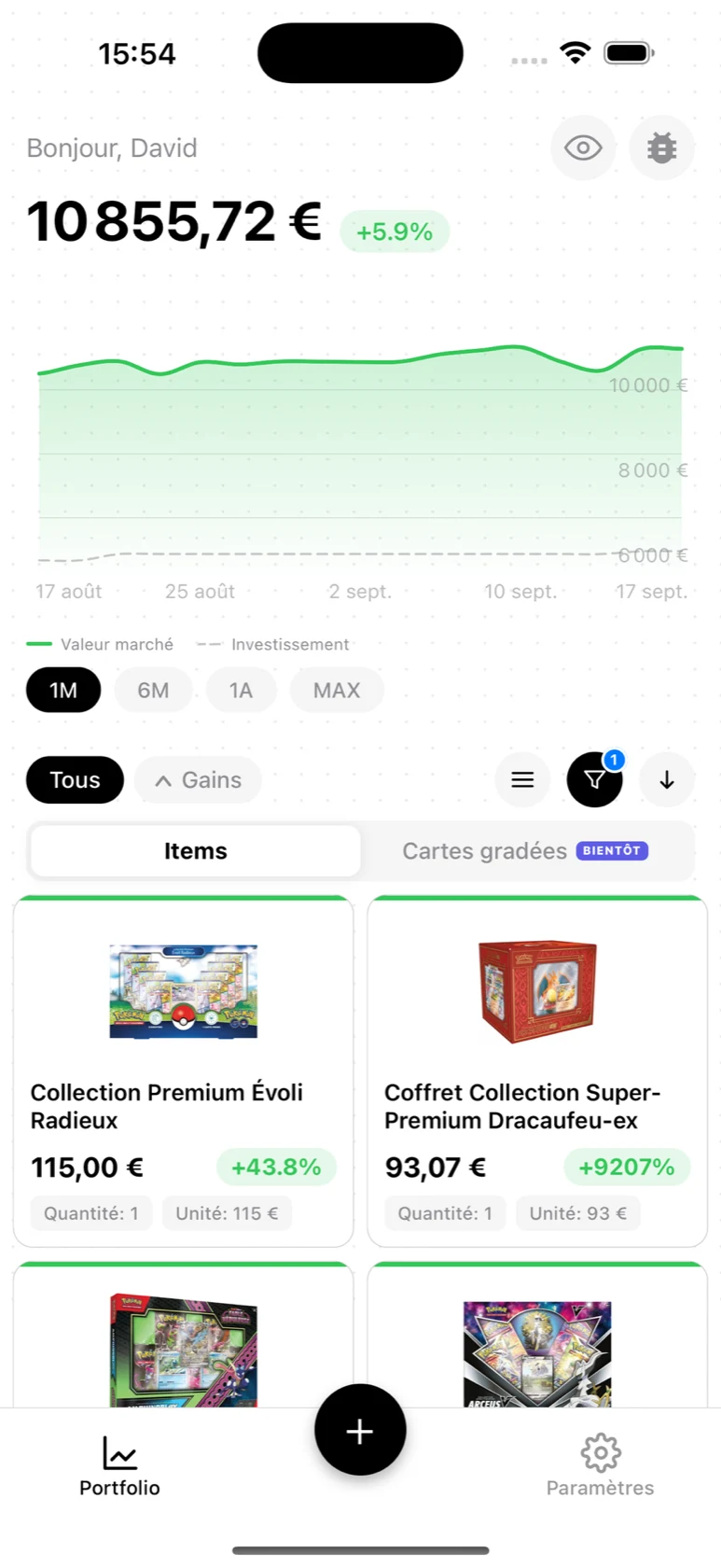 Portfolio BoostaCote avec des coffrets Pokémon et la valeur de la collection