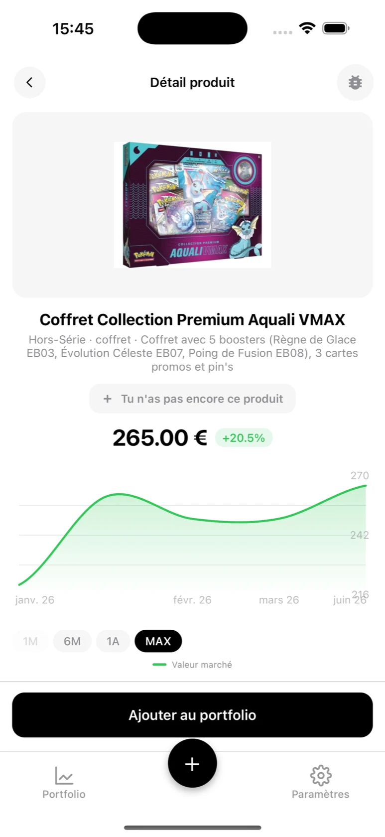 Fiche produit BoostaCote d'un coffret Collection Premium avec sa courbe de prix