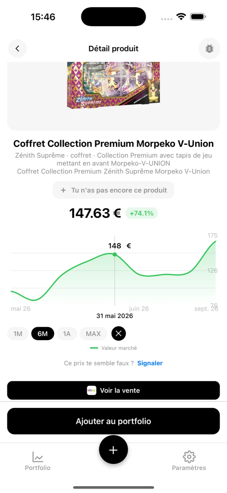 Point de vente sélectionné sur la courbe et bouton 'Voir la vente' dans BoostaCote